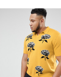 ASOS DESIGN Plus Knitted Revere Collar Polo In Mustard With Floral Jacquard