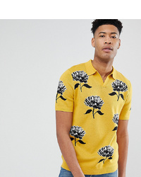ASOS DESIGN Tall Knitted Revere Collar Polo In Mustard With Floral Jacquard