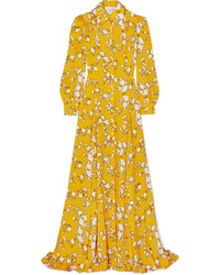 Yellow Floral Satin Evening Dress
