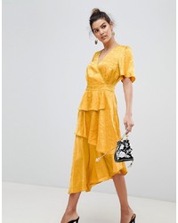 Yellow Floral Satin Wrap Dress