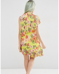 Asos Collection Pleated Shift Dress In Bright Acid Floral