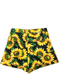 Choies Sunflower Print High Waist Denim Shorts In Black