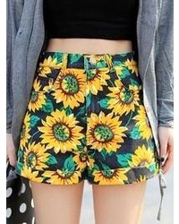 Choies Sunflower Print High Waist Denim Shorts In Black