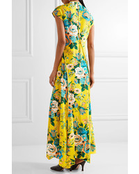 Diane von Furstenberg Floral Print Silk Crepe De Chine Maxi Dress Yellow