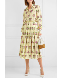 Emilia Wickstead Pleated Floral Print Silk De Chine Midi Skirt