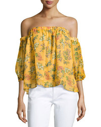 Ella Moss Poetic Floral Off The Shoulder Silk Blouse Yellow