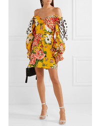 Carolina Herrera Floral Print Knotted Off The Shoulder Printed Silk Organza Mini Dress