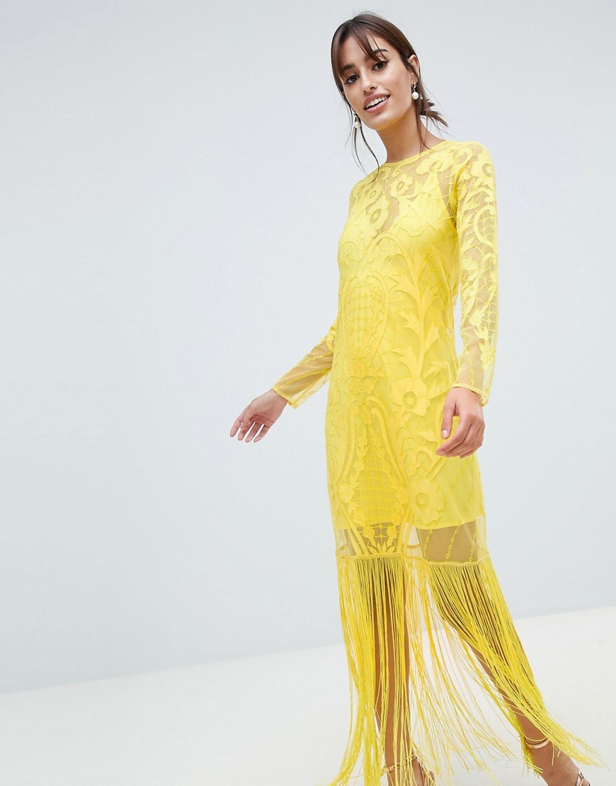 ASOS DESIGN Embroidered Long Sleeve Fringe Maxi Dress, $30 | Asos ...