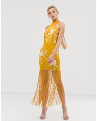 ASOS DESIGN Halter Embroidered Midi Dress With Fringe