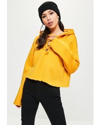 Missguided Yellow Crop Raw Hem Lace Up Hoodie