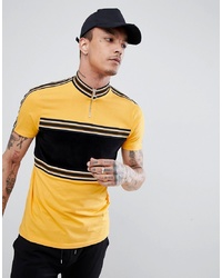 ASOS DESIGN T Shirt With Contrast Panel In Velour And Taping In Yellow