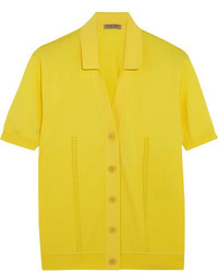 Bottega Veneta Pointelle Knit Ribbed Cotton Blend Top Yellow