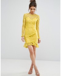 PrettyLittleThing Lace Asymmetric Frill Detail Bodycon Dress