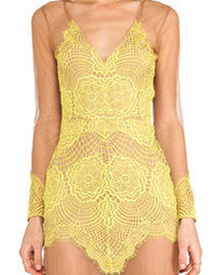 Choies Yellow V Neck Long Sleeve Backless Lace Dress