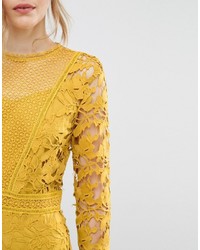 Asos Mustard Lace Long Sleeve Paneled Shift Dress