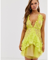 Collective The Label Plunge Front Cami Mini Dress With Ruffle In Lime Green