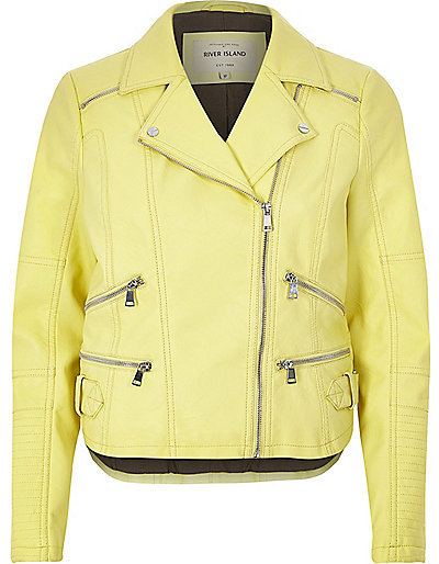 River Island Light Yellow Leather Look Zip Biker Jacket, $120 | River ...