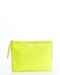 Valentino Neon Yellow Leather Rockstud Studded Trimmed Large Clutch
