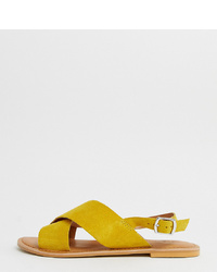 ASOS DESIGN Wide Fit Valid Cross Leather Flat Sandals In Yellow