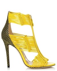 Jimmy Choo Kattie Yellow Nappa And Printed Leather Caged Sandals