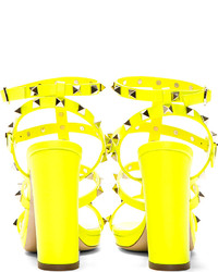 Valentino Neon Yellow Multi Strap Rockstud Heeled Sandals