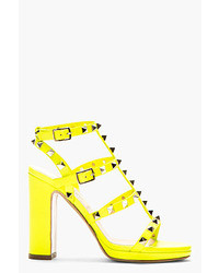 Valentino Neon Yellow Multi Strap Rockstud Heeled Sandals