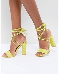 Public Desire Suzu Chartreuse Tie Up Block Heeled Sandals