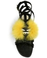 Fendi Bug Face Leather Fox Fur Sandals