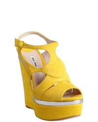 Miu Miu Yellow And Silver Suede Wedge Sandals