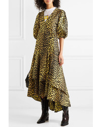 Ganni Bijou Leopard Print Cotton Poplin Wrap Dress