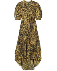 Ganni Bijou Leopard Print Cotton Poplin Wrap Dress