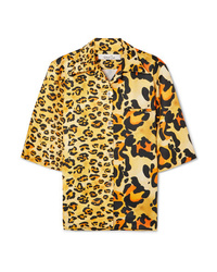 Yellow Leopard Silk Short Sleeve Button Down Shirt