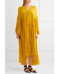 Chloé Tiered Silk Mousseline Midi Dress Yellow