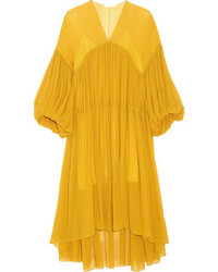 Chloé Tiered Silk Mousseline Midi Dress Yellow