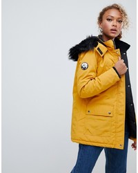 New Look Parka Coat In Mustard With Faux Fur Hood