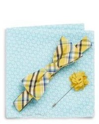 Original Penguin Alemeda Plaid Bow Tie Flower Lapel Pin Floral Print Pocket Square Gift Set