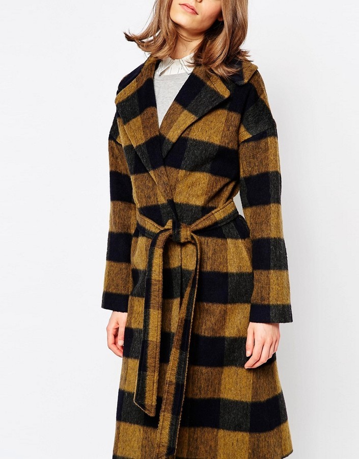 Helene Berman Mustard Shadow Check Coat With Oversized Collar, $127 ...