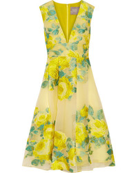 Lela Rose Pleated Floral Fil Coup Organza Dress Bright Yellow