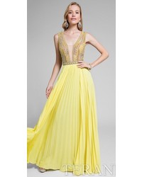 Terani Couture Plunging Illusion Pleated Chiffon Prom Dress