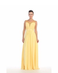 Unique Vintage Yellow Sleeveless Sheer Illusion Chiffon Long Dress