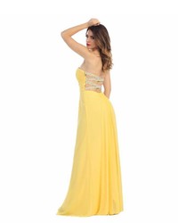 Unique Vintage Yellow Strapless Sweetheart Chiffon Cutout Long Dress