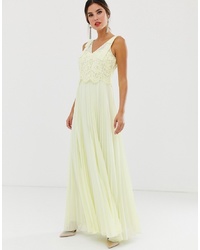 Yellow Pleated Lace Evening Dress