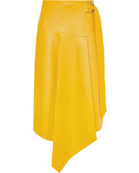 Yellow Pleated Leather Midi Skirt