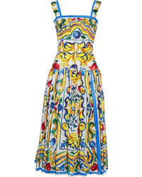 Dolce & Gabbana Pleated Printed Cotton Poplin Midi Dress Yellow