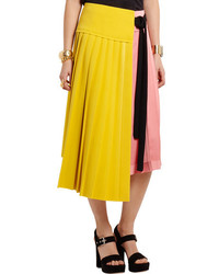 Marni Pleated Crepe And Satin Wrap Skirt Yellow