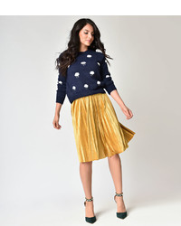 Unique Vintage Retro Style Mustard Yellow Velvet Pleated Midi Skirt