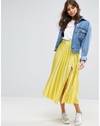 Yellow Pleated Satin Skirt