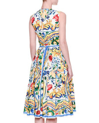 Dolce & Gabbana Sleeveless Maiolica Tile Print Cotton Dress Whiteblueyellow