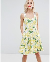 Horrockses Skater Cotton Mini Dress With Daisy Trim In Yellow Floral
