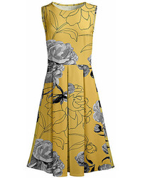 Lily Yellow Gray Rose Fit Flare Dress Plus